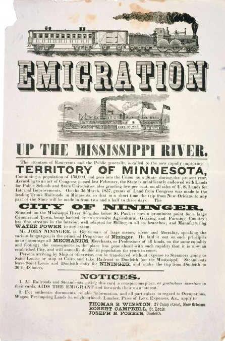 Ripped and stained black and white poster with woodcuts of a railroad train and a steam paddleboat, with headline text reading 'EMIGRATION Up The Missippi River. The attention of Emigrants and the Public generally, is called to the now rapidly improving Territory of Minnesota...'